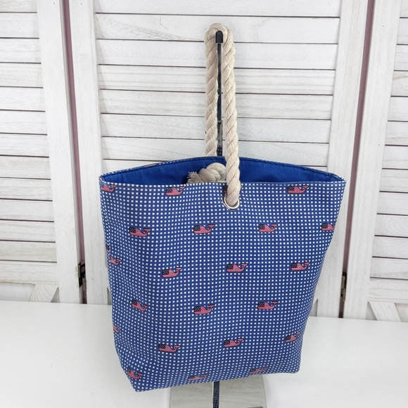 Vineyard Vines Target Gingham American Flag Whale Print Small Tote Bag Blue - Picture 4 of 11